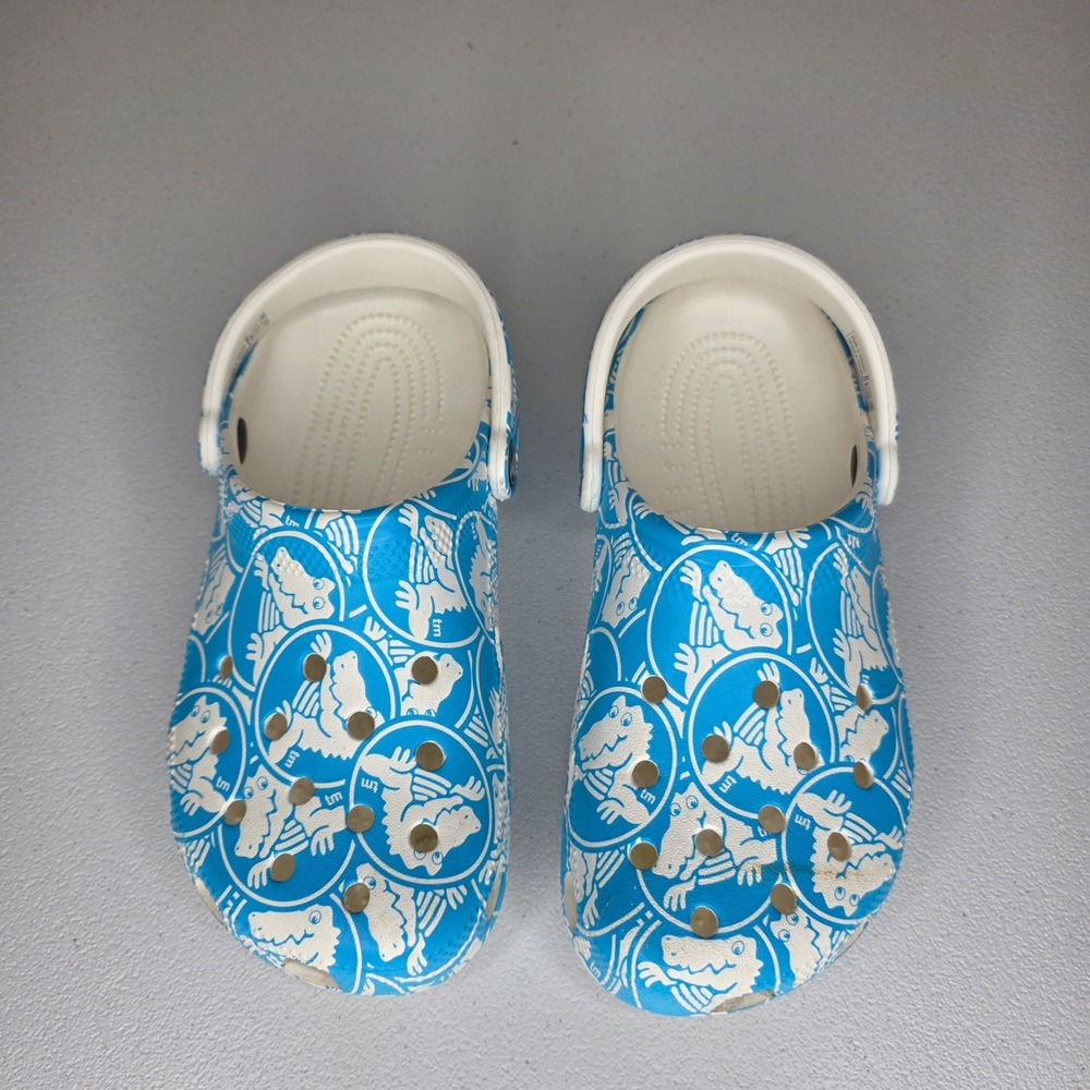 Crocs Classic Clog Women Size 7 Blue White Gator Logo‎ Print Slip On Shoes